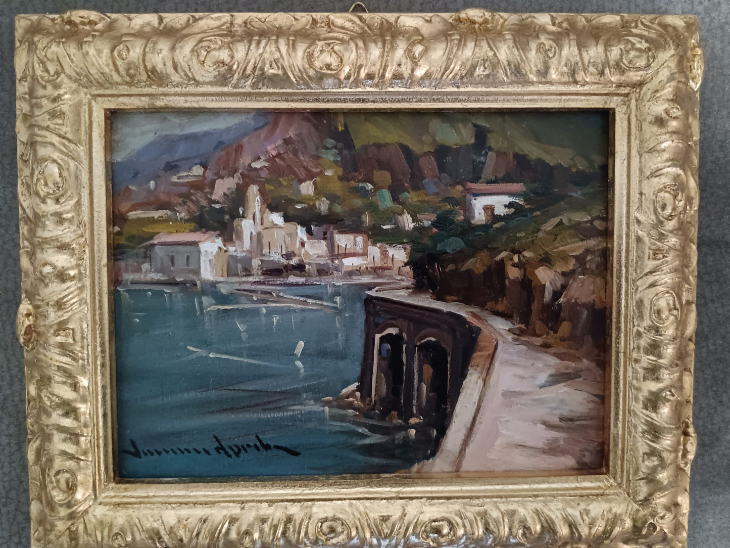 Vincenzo Aprile (Napoli 1952)- Amalfi, dipinto olio su pannello