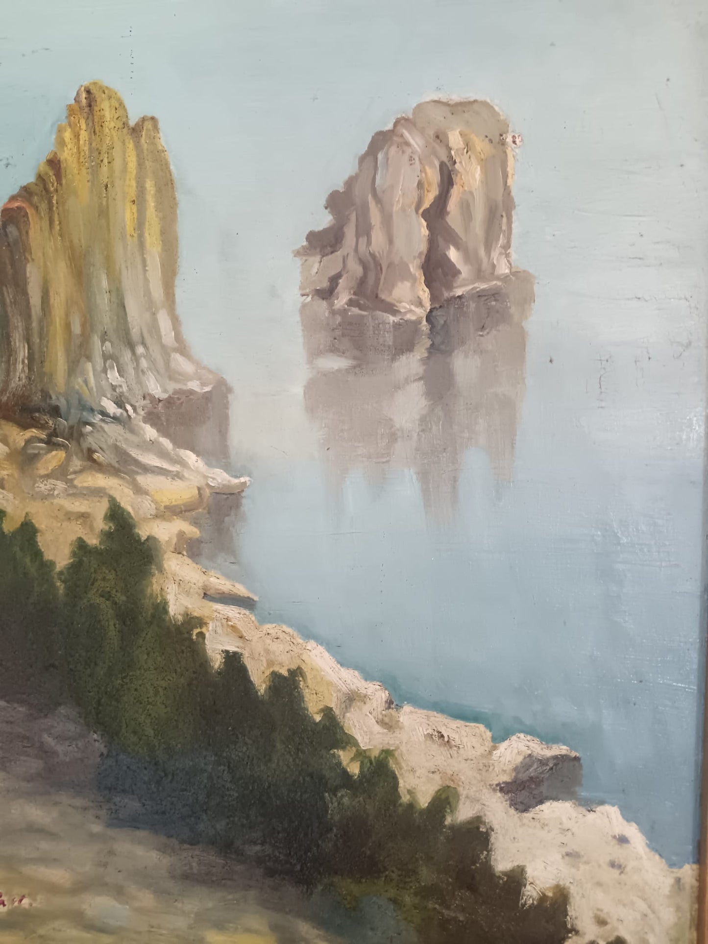 Scuola Italiana XX Secolo- "Faraglioni di Capri", dipinto olio su masonite