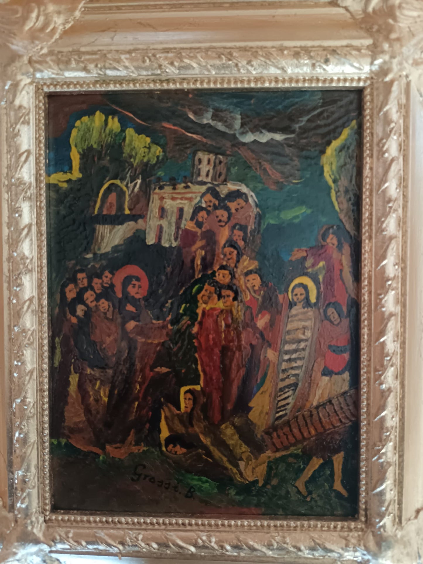 Bruno Grassi (Rodi 1944)- La resurrezione di Lazzaro- dipinto olio su legno