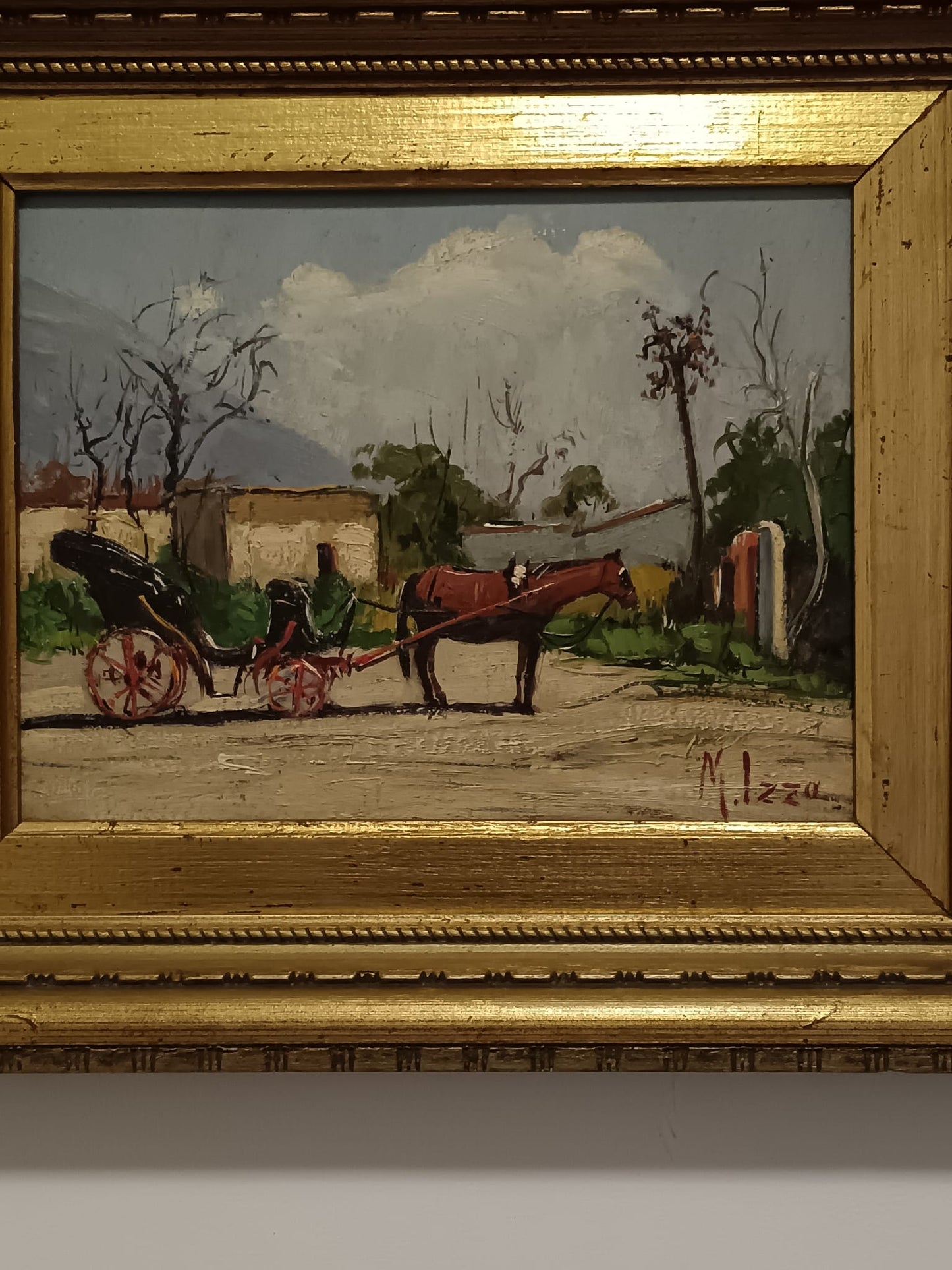 Maria Izzo ( 1921-2002) Carrozzella- dipinto olio su legno