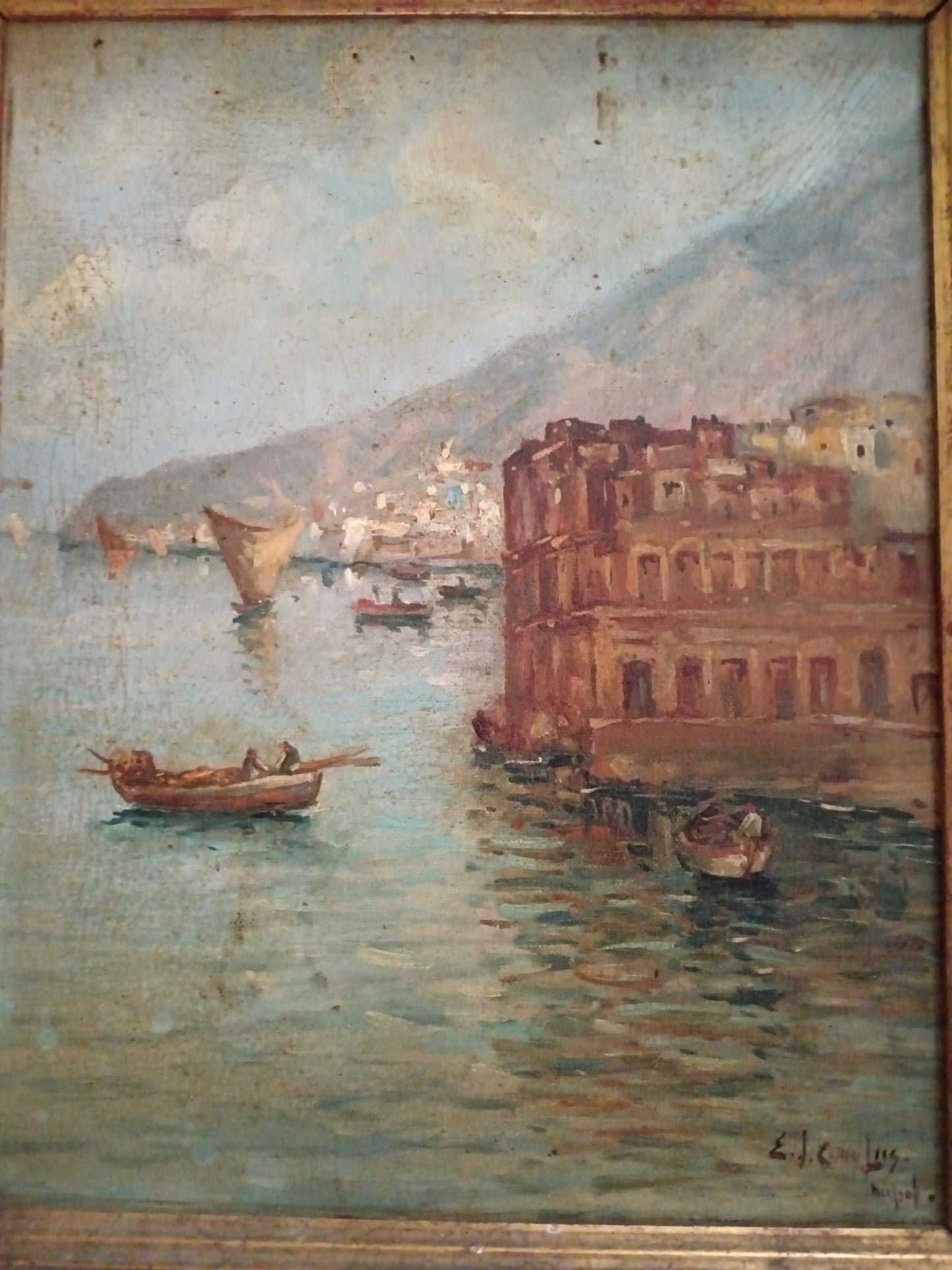 Ettore De Conciliis (Avellino 1941)- Marina napoletana -dipinto olio su tela applicata su cartoncino