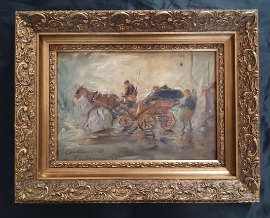 Antonio Asturi (Vico Equense 1904-1987)- Carrozzella dipinto olio su cartoncino