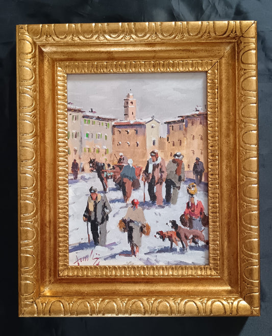 Mario Rombolini (1935-2014)- Mercato dipinto olio su pannello