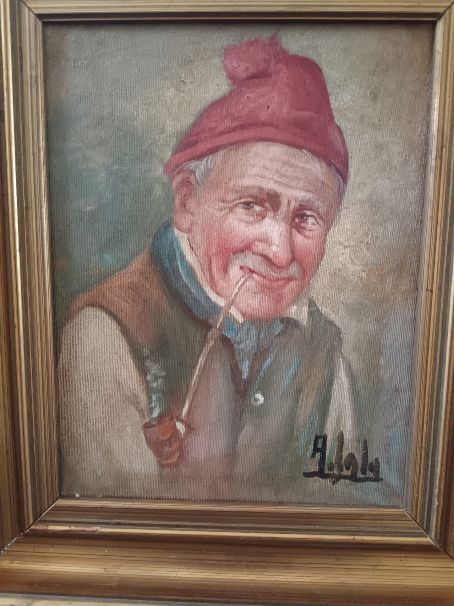Figura anziano con pipa (XX secolo)- dipinto olio su tela