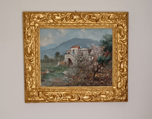 Gianni Del Grasso (Torre Del Greco 1945)- paesaggio vesuviano dipinto olio su tela