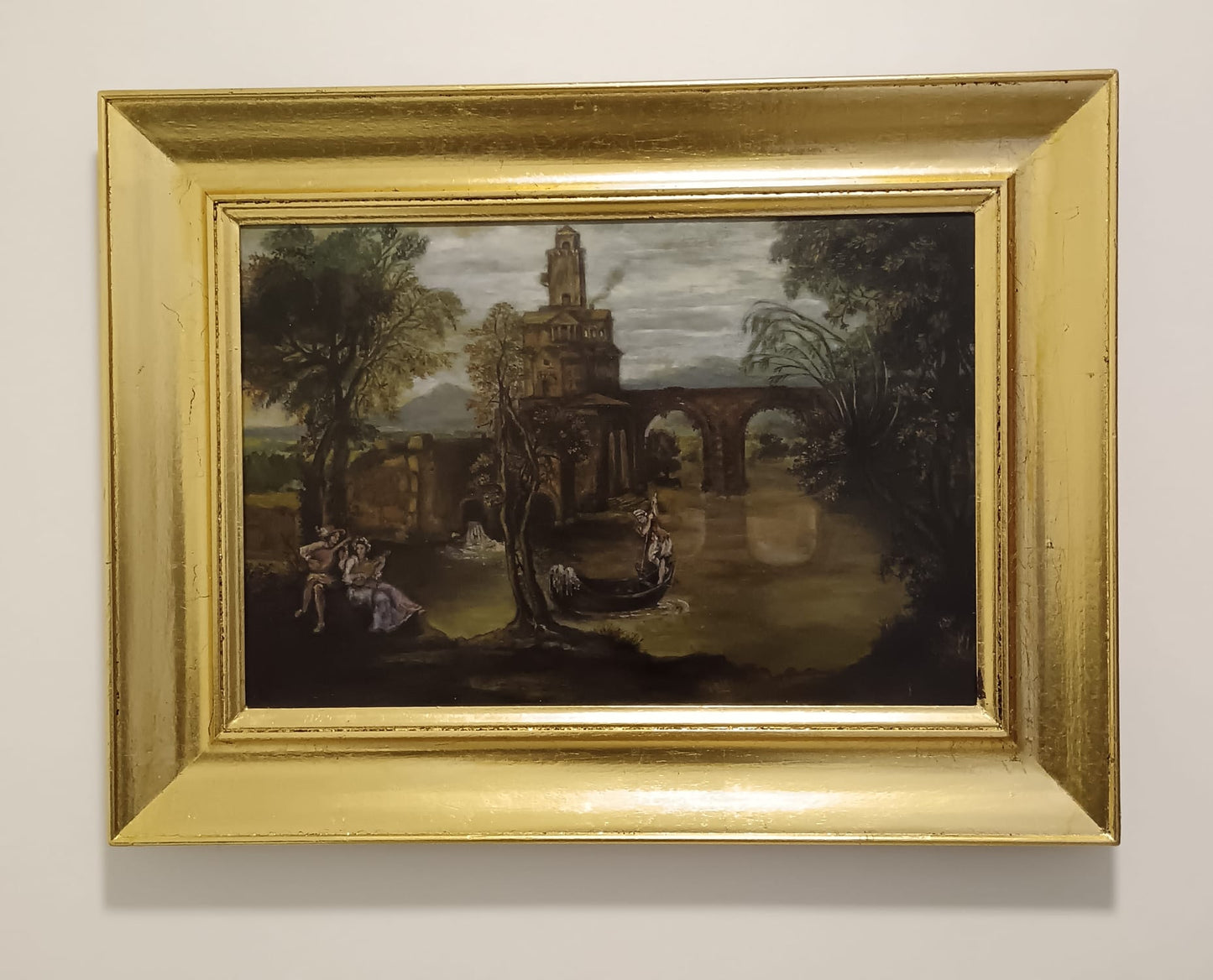 Dipinto campestre (XX secolo)- Scena romantica olio su legno