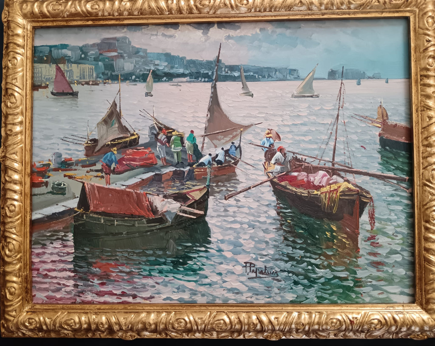 Francesco Papaluca (scuola napoletana XX Secolo)- Marina dipinto olio su legno