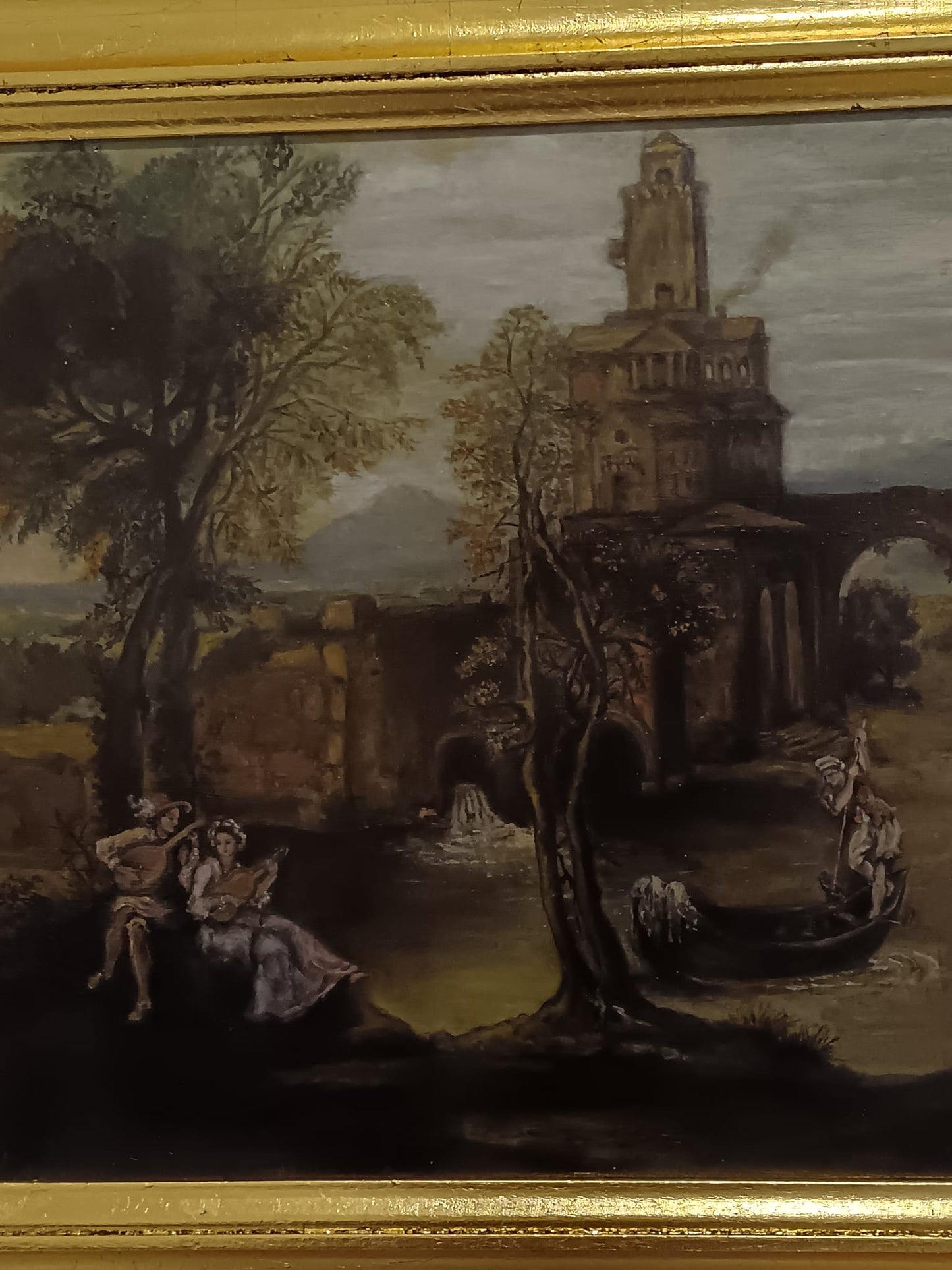 Dipinto campestre (XX secolo)- Scena romantica olio su legno