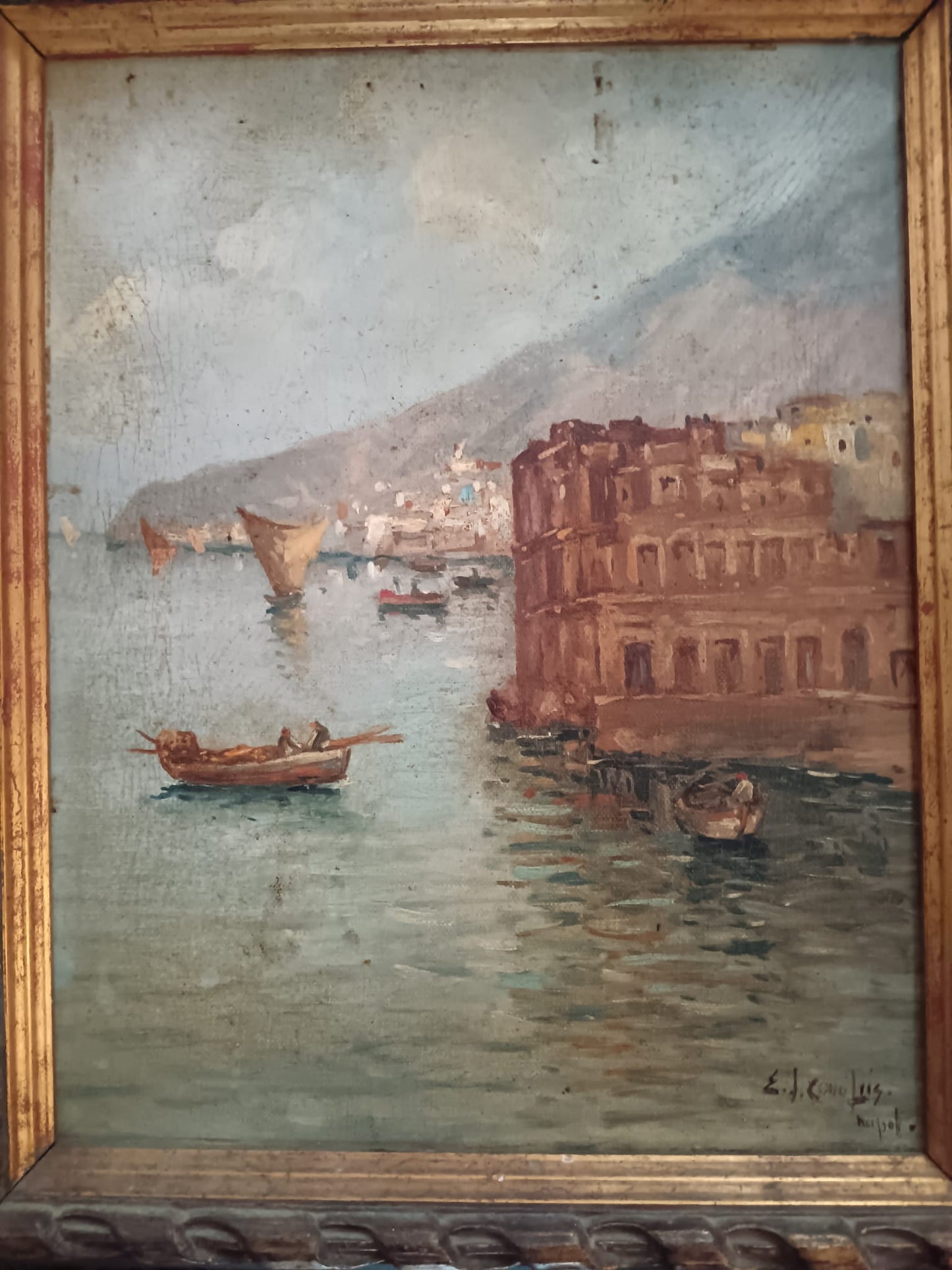 Ettore De Conciliis (Avellino 1941)- Marina napoletana -dipinto olio su tela applicata su cartoncino
