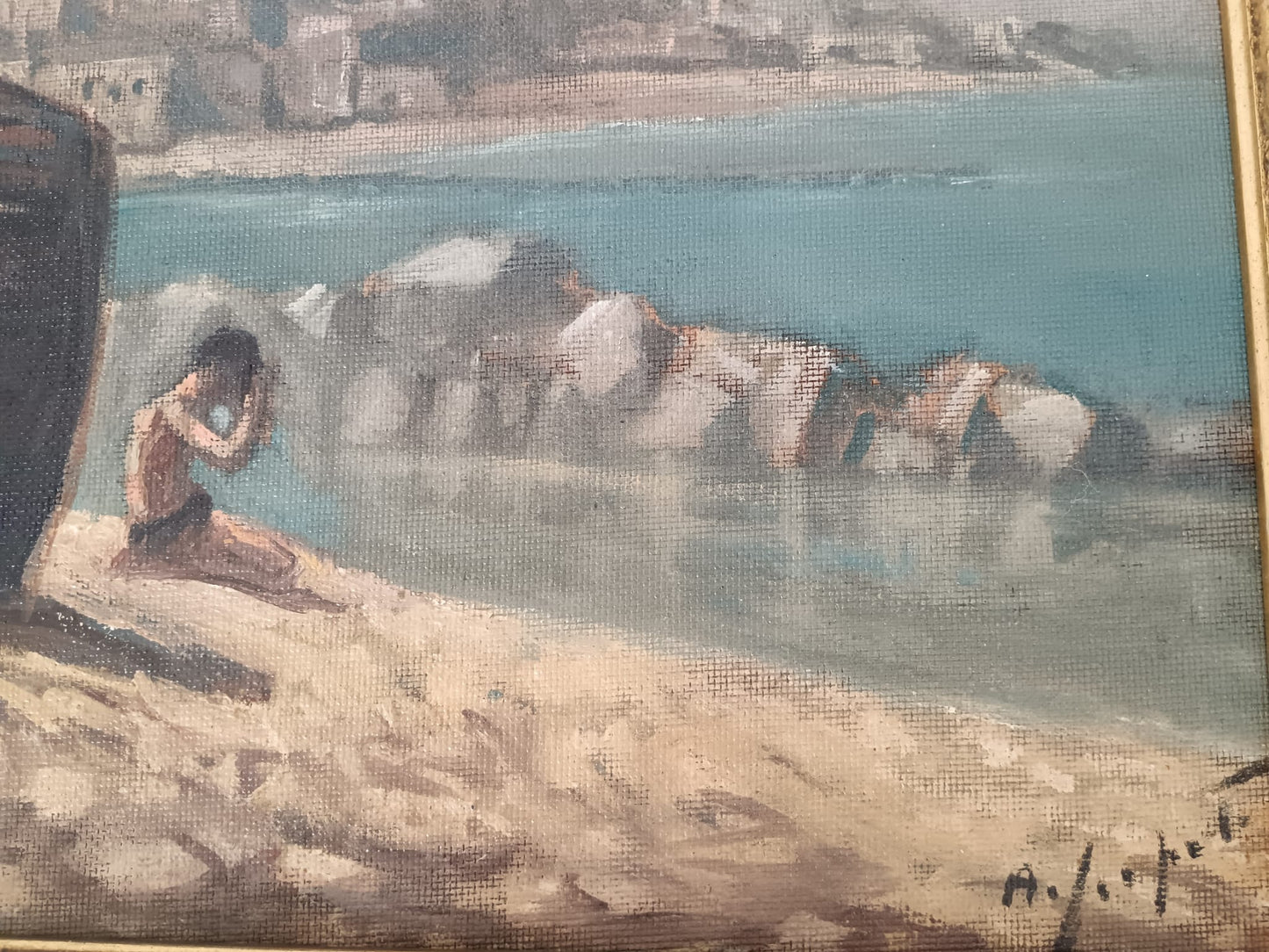 Scuola Napoletana ( XX secolo)- paesaggio marino olio su pannello