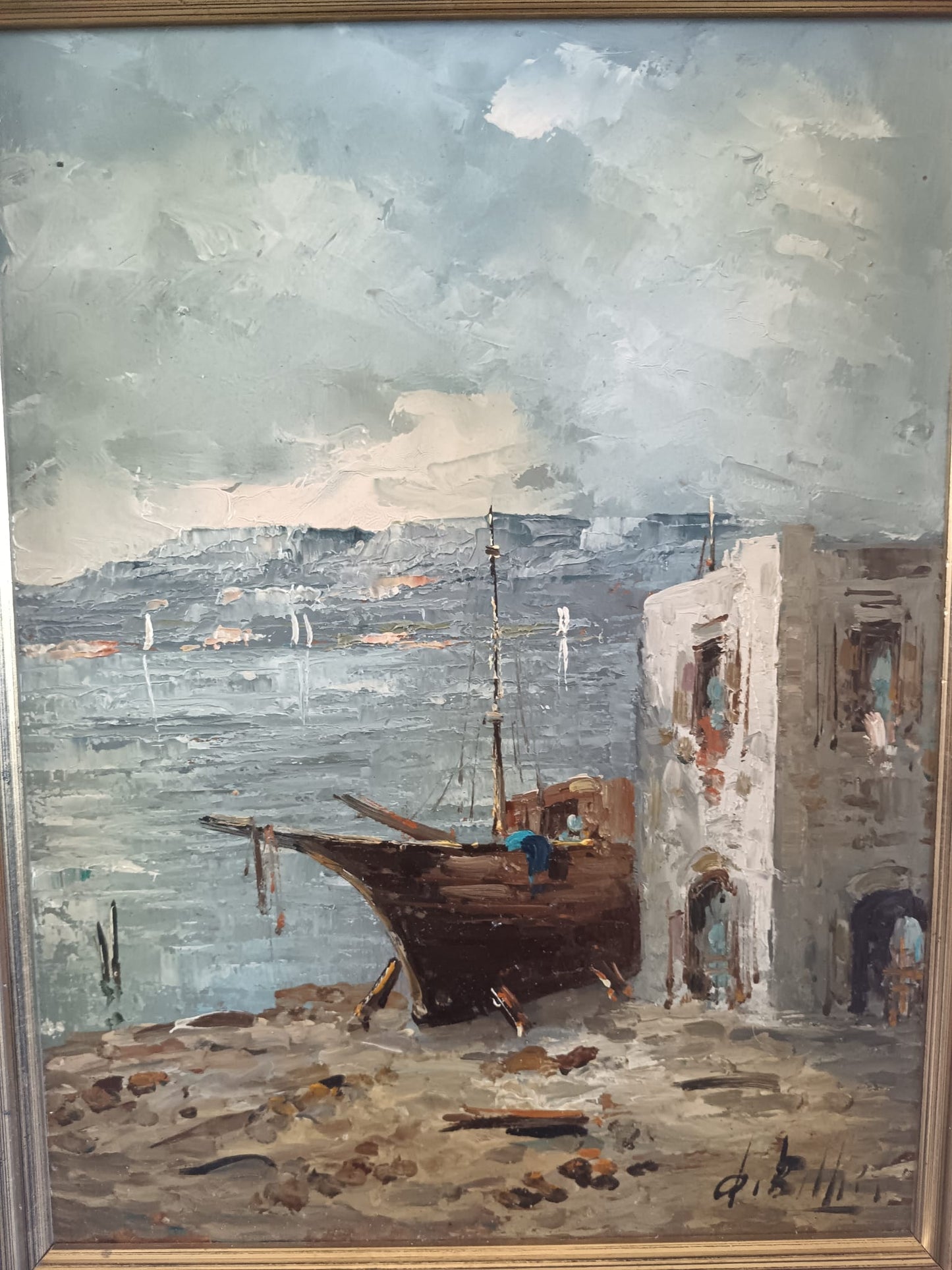 Scuola Italiana XX Secolo-  Scorcio marino dipinto olio su masonite