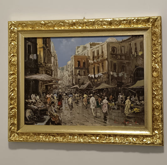Eniko Esposito (Napoli 1942-2009)-Mercato- dipinto olio su legno