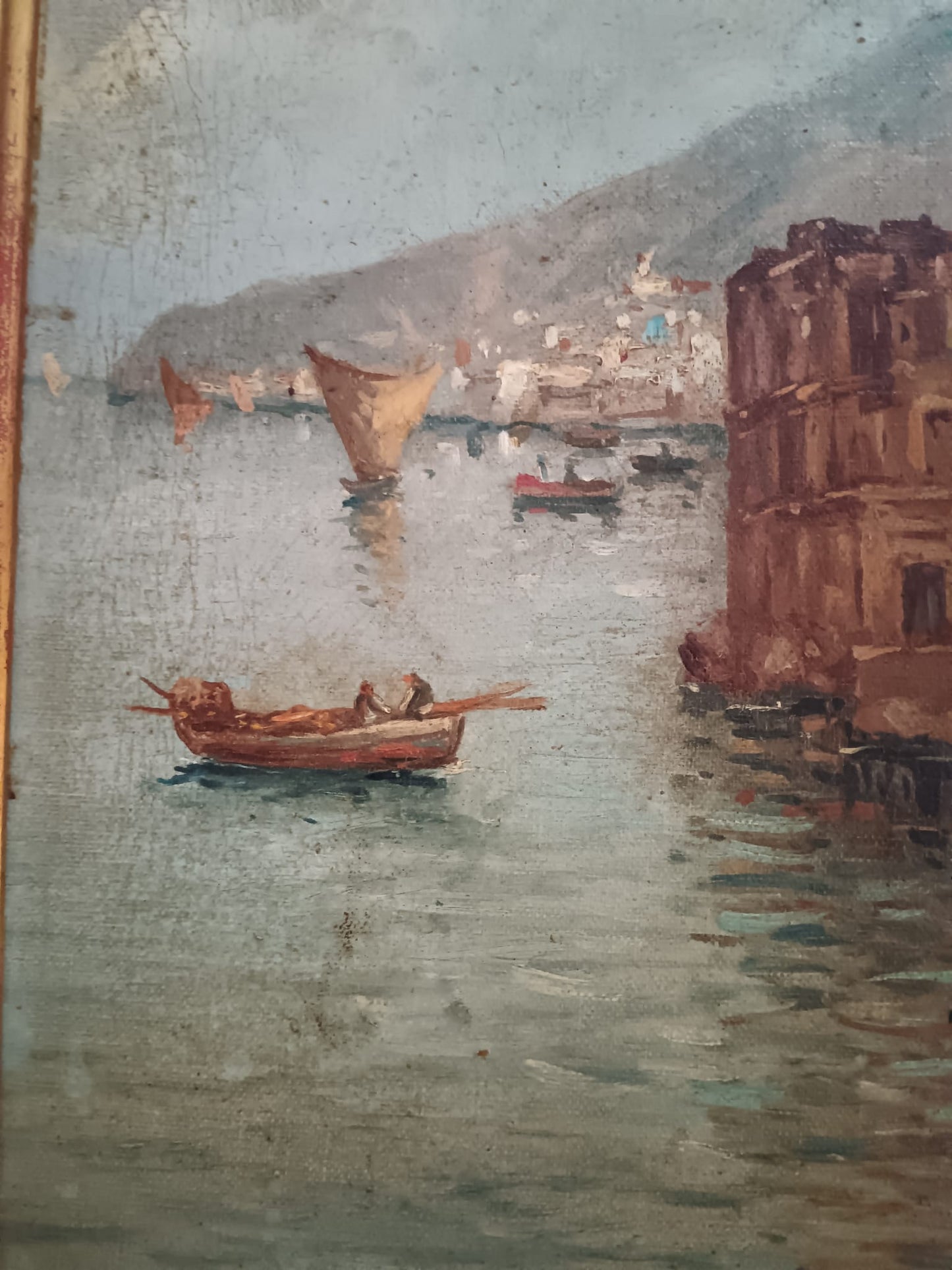 Ettore De Conciliis (Avellino 1941)- Marina napoletana -dipinto olio su tela applicata su cartoncino