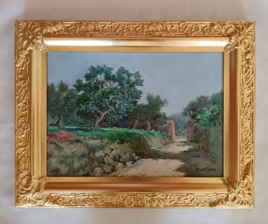Renato Orsini (XX Secolo)- paesaggio dipinto olio su cartoncino telato