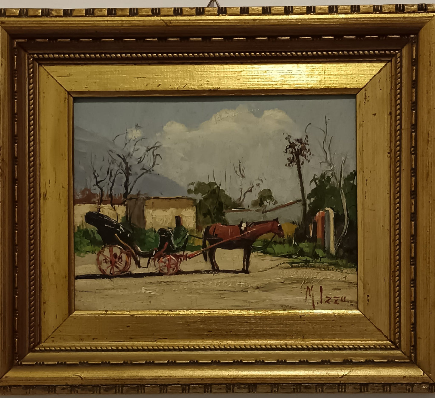 Maria Izzo ( 1921-2002) Carrozzella- dipinto olio su legno