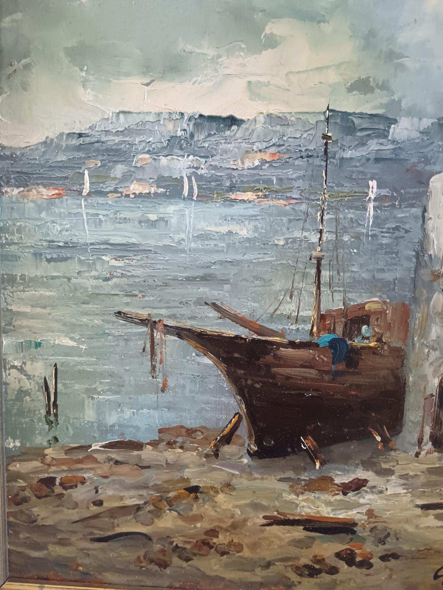 Scuola Italiana XX Secolo-  Scorcio marino dipinto olio su masonite