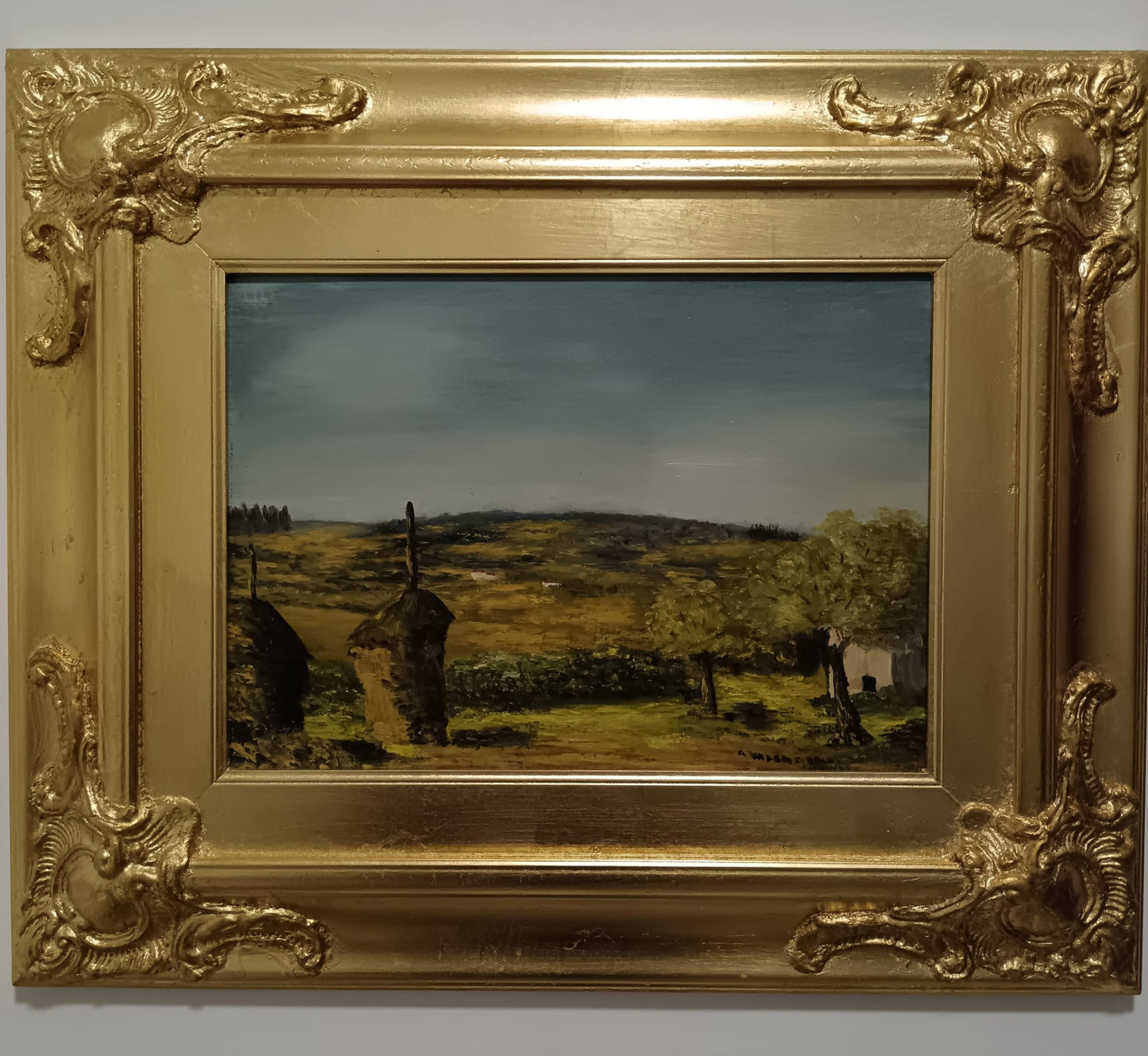Paesaggio rurale (XX secolo)- dipinto olio su tela applicata su cartoncino