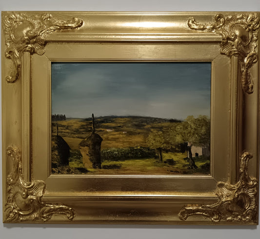 Paesaggio rurale (XX secolo)- dipinto olio su tela applicata su cartoncino