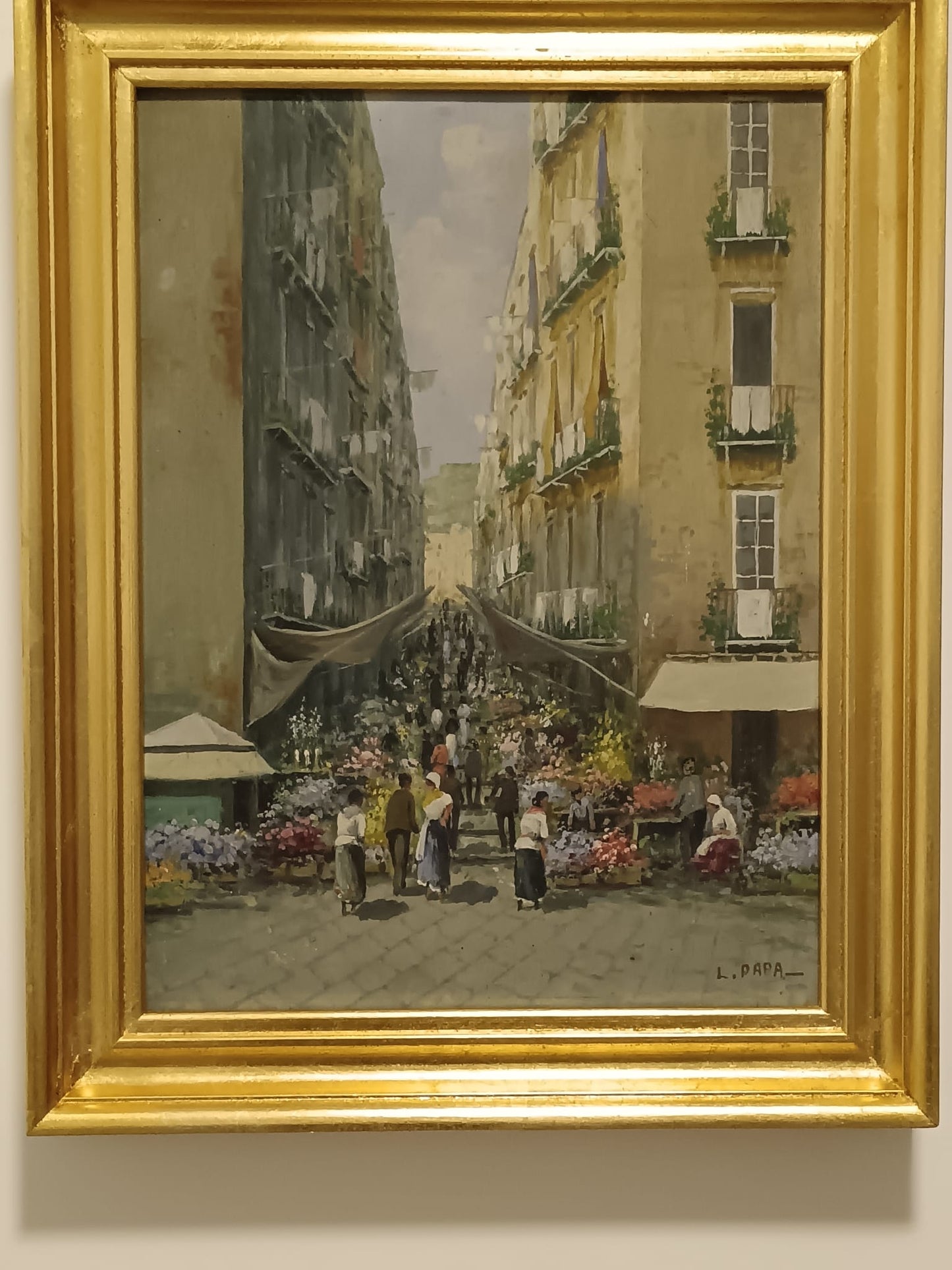 L. Papa (XX Secolo)- Mercato-  dipinto olio su legno.