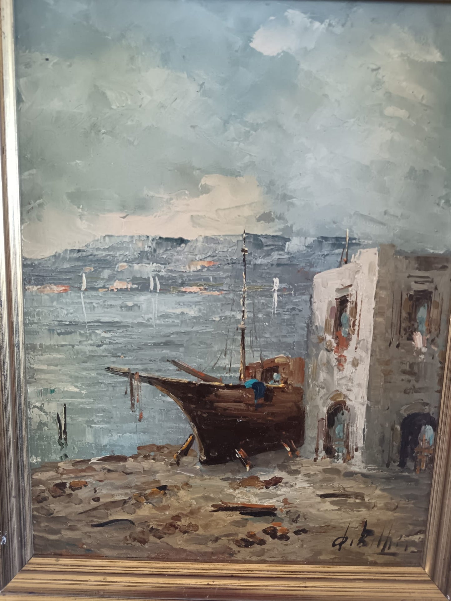 Scuola Italiana XX Secolo-  Scorcio marino dipinto olio su masonite