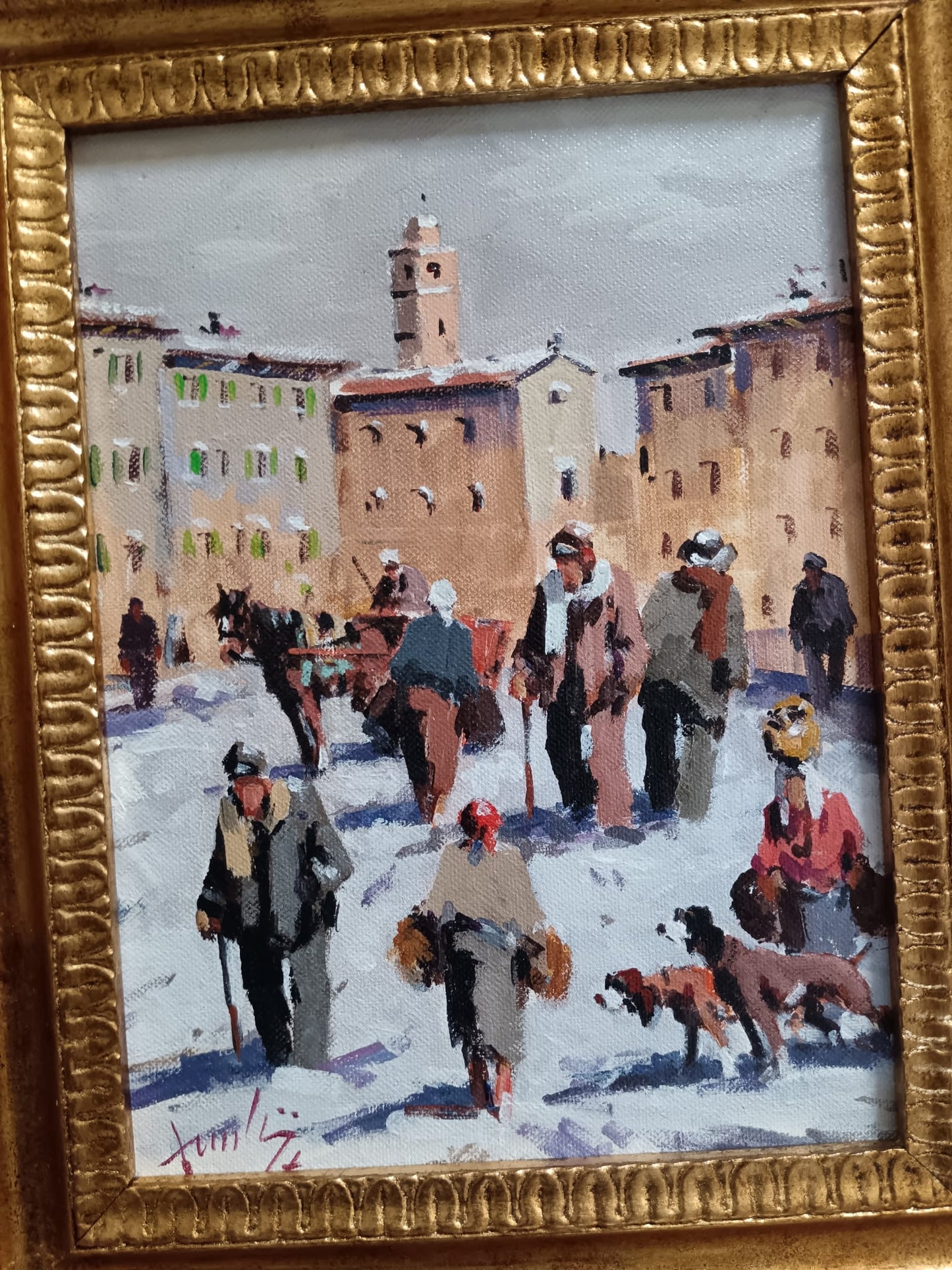 Mario Rombolini (1935-2014)- Mercato dipinto olio su pannello