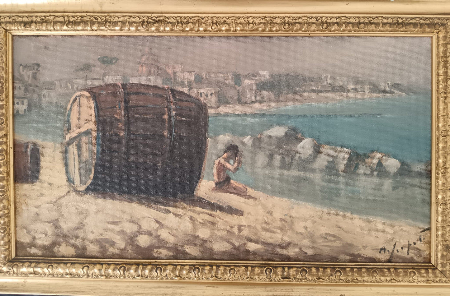 Scuola Napoletana ( XX secolo)- paesaggio marino olio su pannello