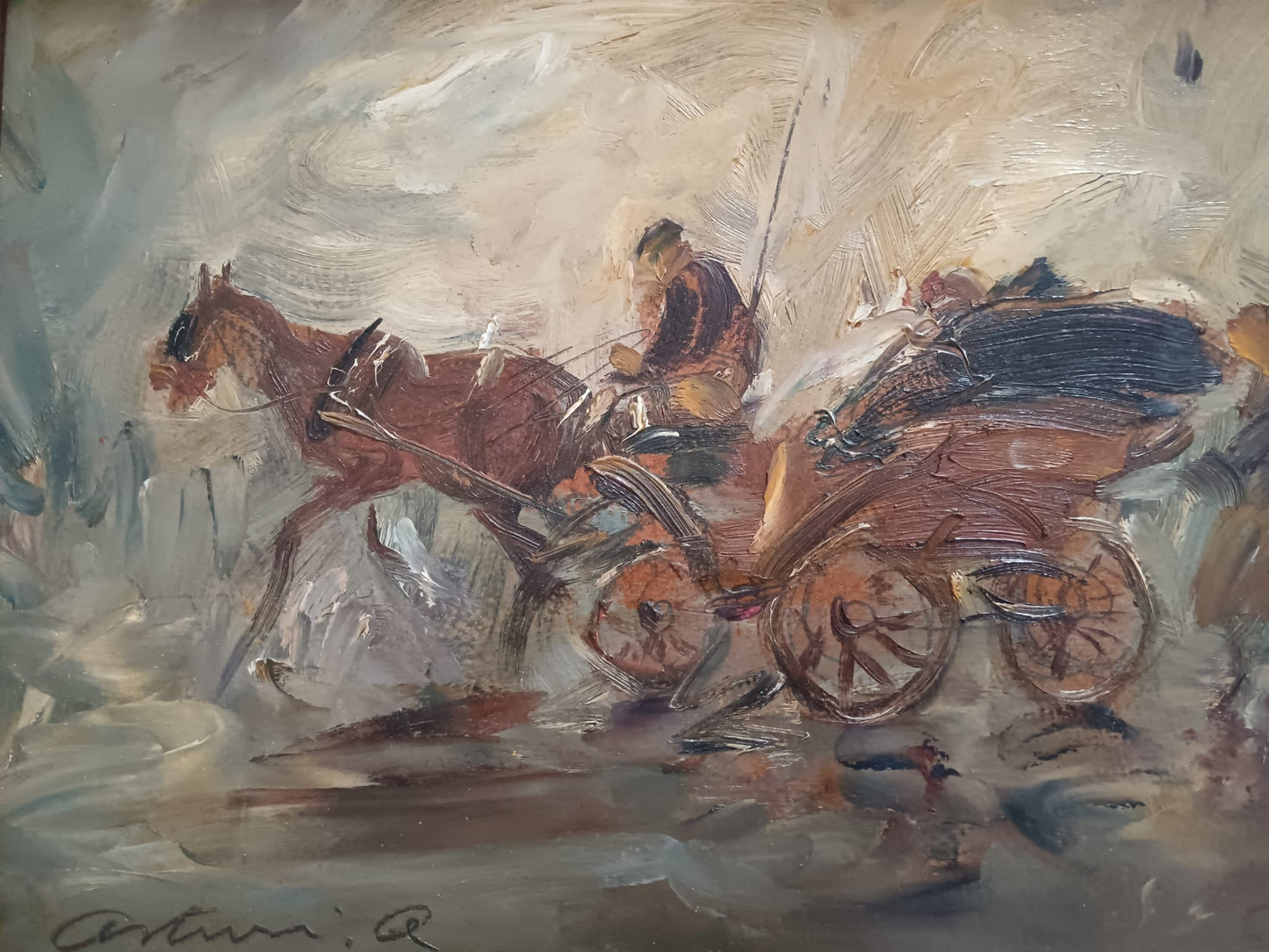 Antonio Asturi (Vico Equense 1904-1987)- Carrozzella dipinto olio su cartoncino