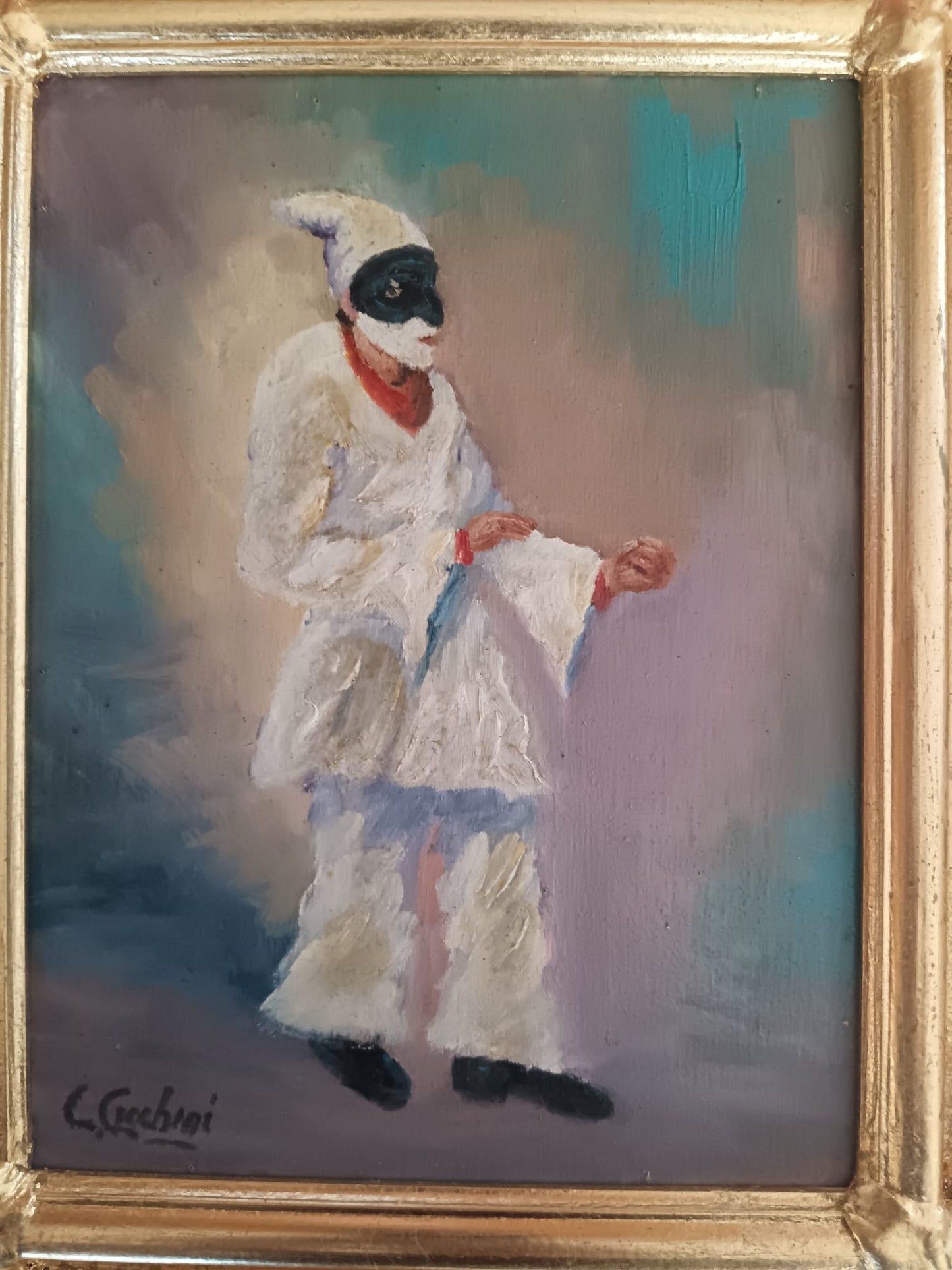 Pulcinella (Scuola Napoletana XX Secolo)- dipinto olio su legno