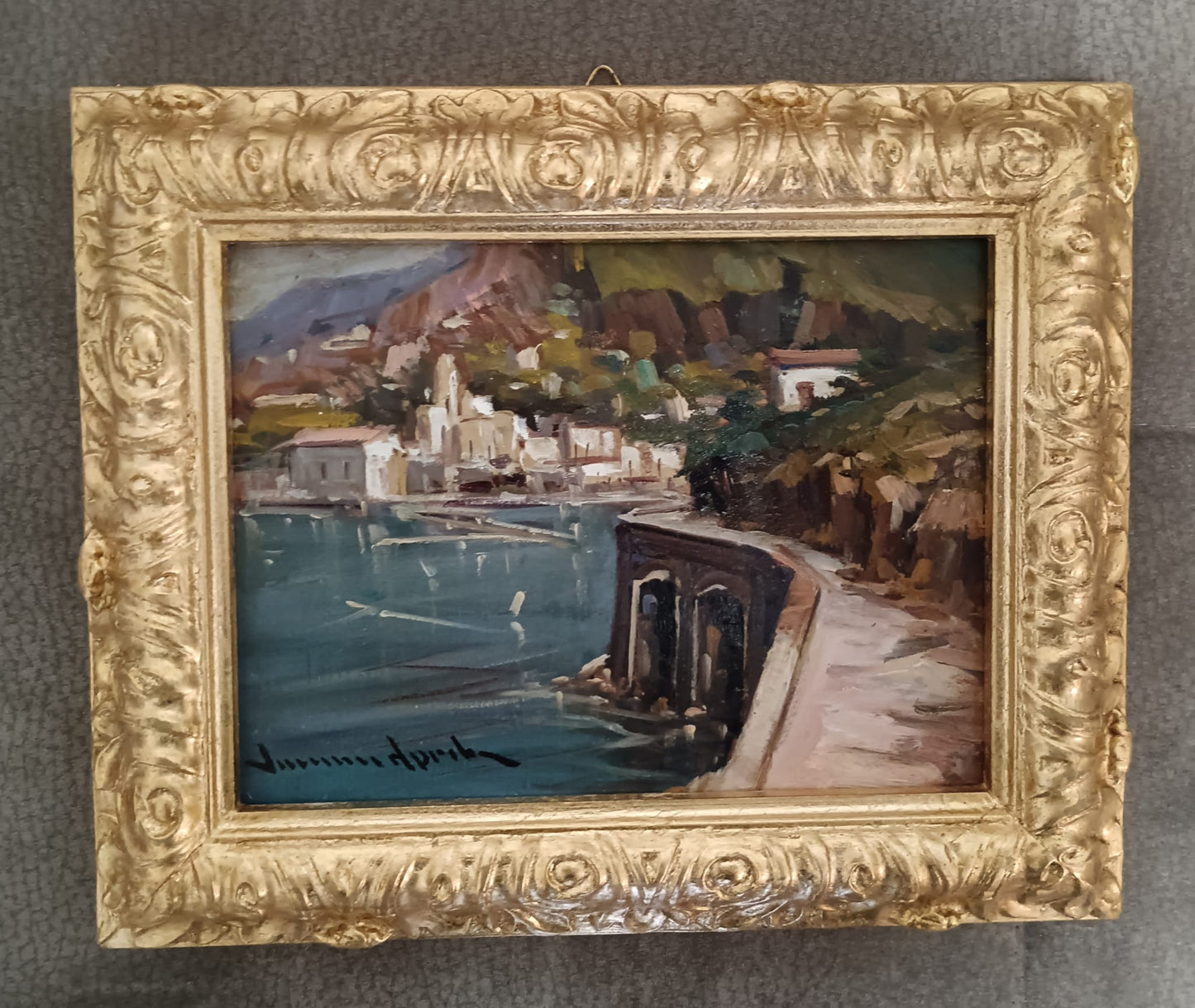 Vincenzo Aprile (Napoli 1952)- Amalfi, dipinto olio su pannello