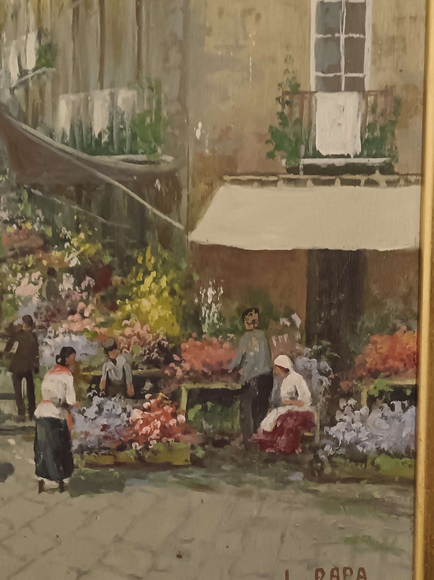 L. Papa (XX Secolo)- Mercato-  dipinto olio su legno.